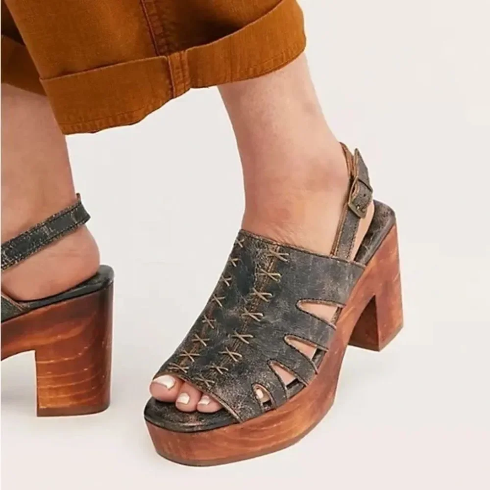 BED|STU Fontella Distressed Black and Brown Platform Sandals